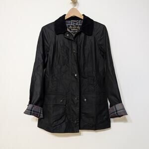 Barbour Beadnell Waxed Cotton Jacket Black Tartan Classic Women's Size 4